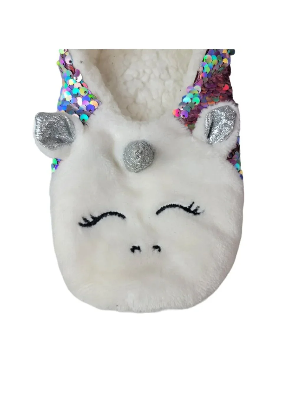 Target Unicorn Sequin Grippers Slippers White Faux Sherpa Silver Booties READ